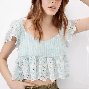 America Eagle Ruffle Sleeve Lace Short Sleeve Cropped Baybdoll Top in Blue.